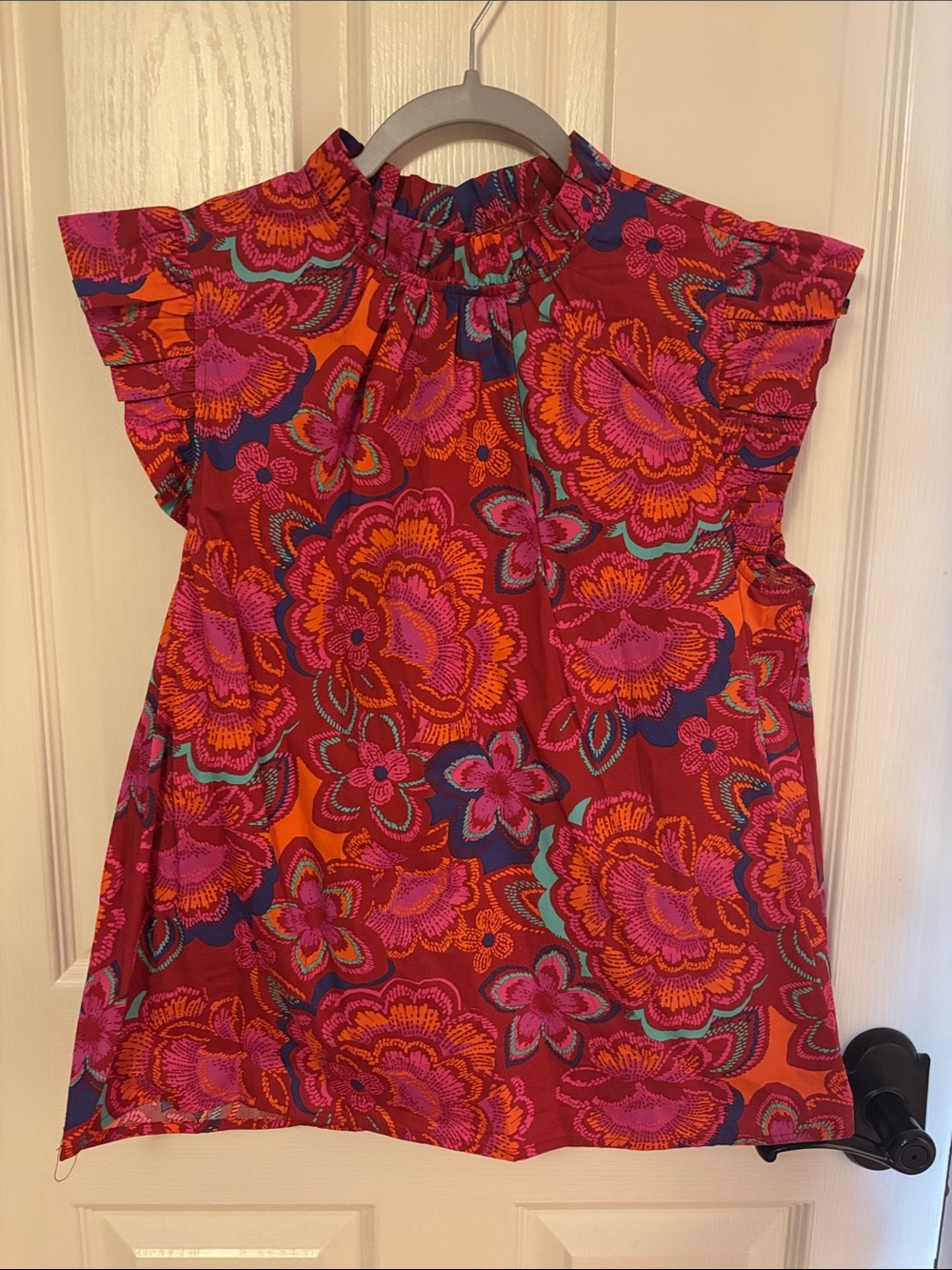 Sugarlips Pink & Orange Floral Ruffle Neck Top